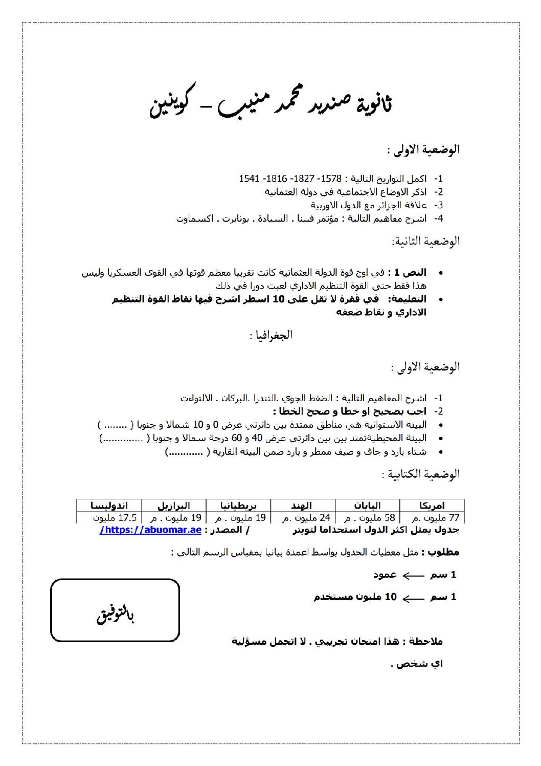 اختبار في التاريخ والجغرافيا الفصل الثالث السنة الأولى ثانوي ج م ع رقم 11