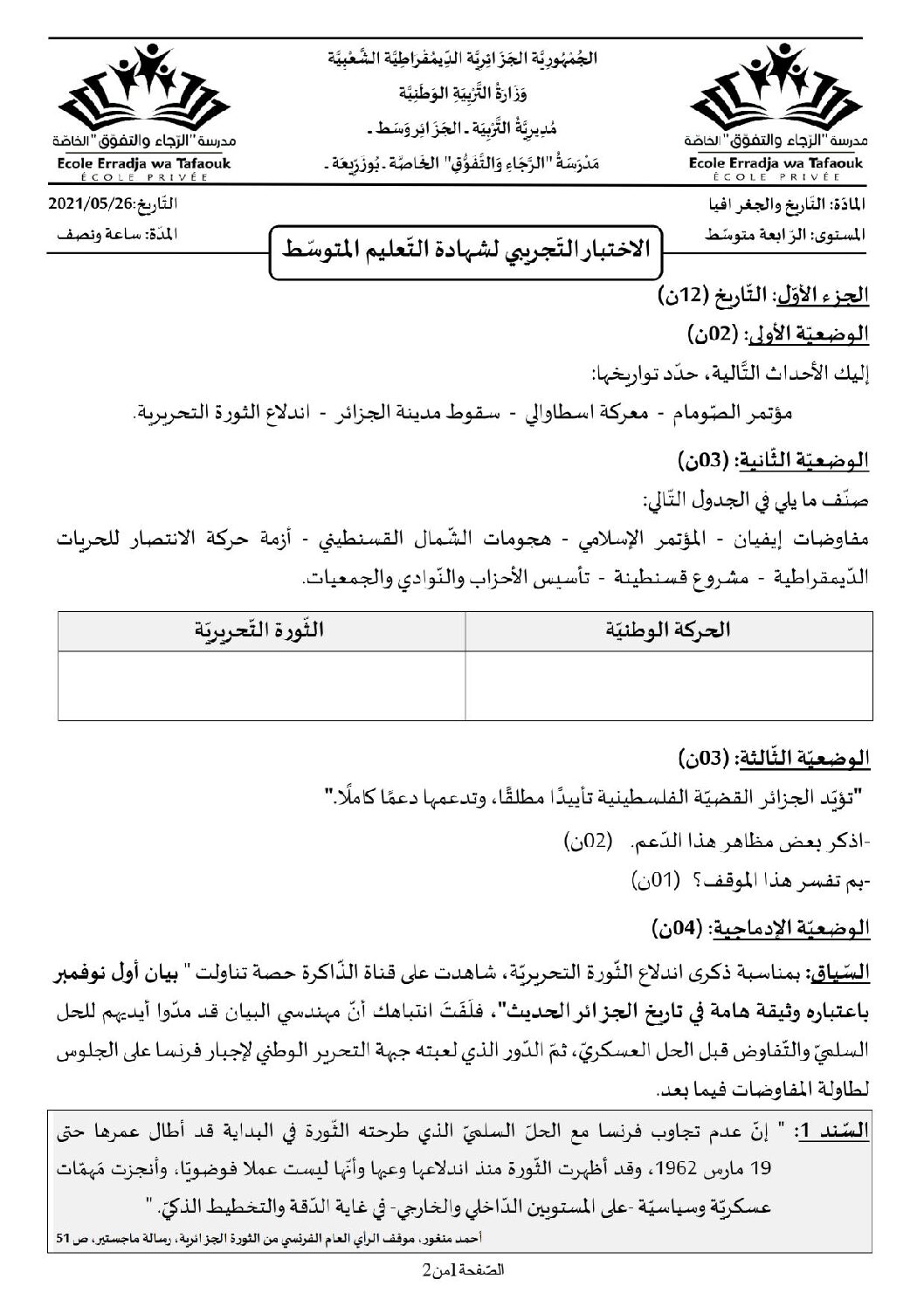 اختبار في التاريخ والجغرافيا الفصل الثالث السنة الرابعة متوسط رقم 11