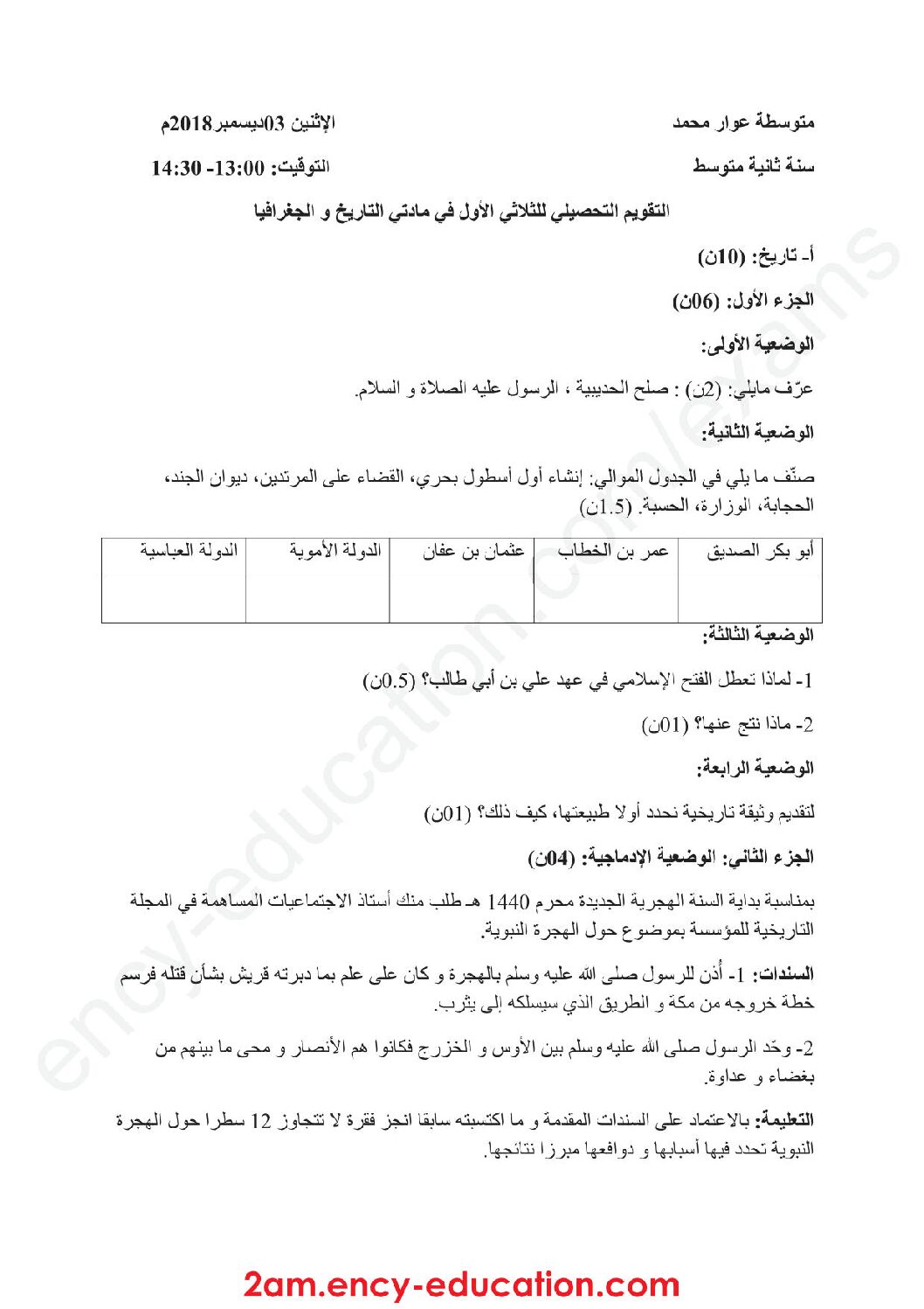 فرض في التاريخ والجغرافيا الفصل الأول السنة الثانية متوسط رقم 11