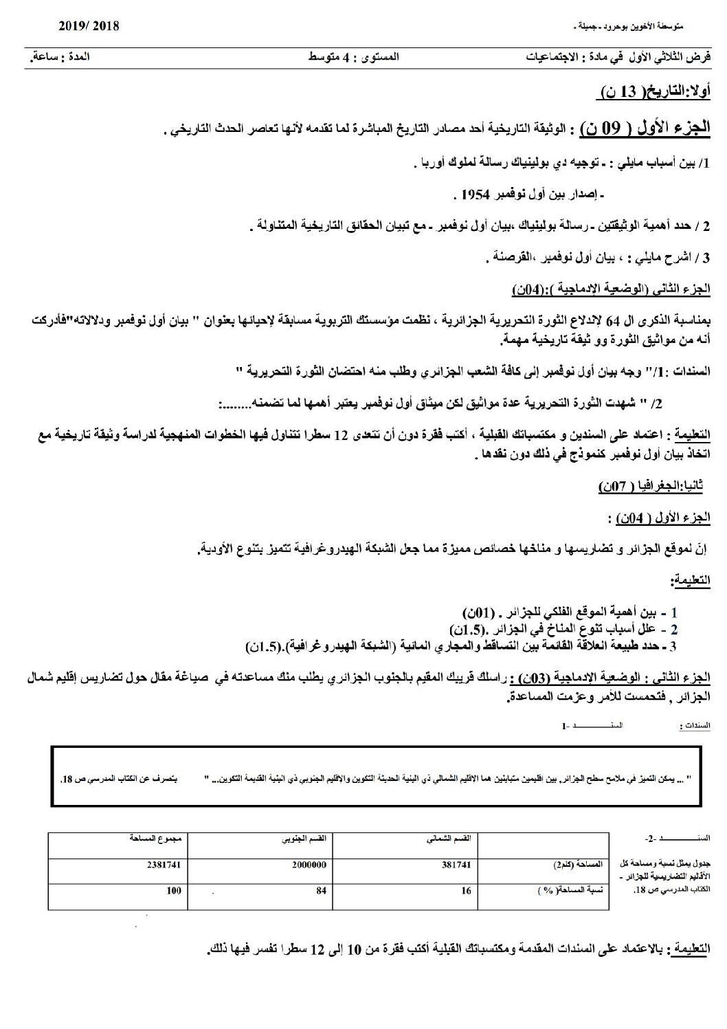 فرض في التاريخ والجغرافيا الفصل الأول السنة الرابعة متوسط رقم 11