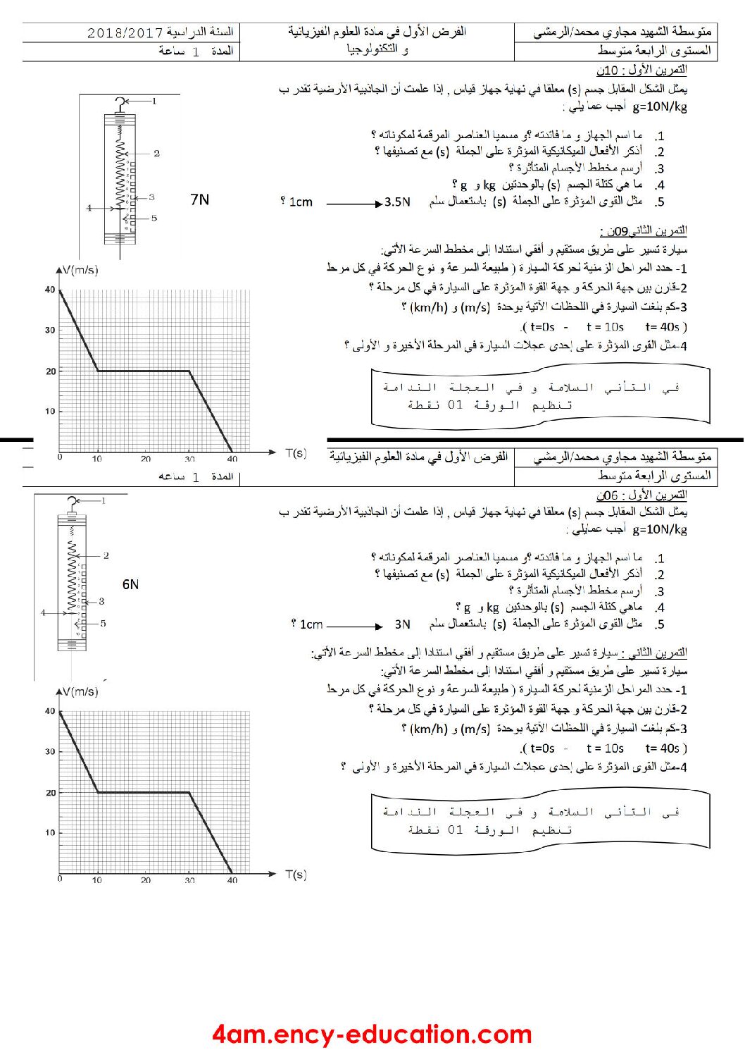 فرض في العلوم الفيزيائية الفصل الأول السنة الرابعة متوسط رقم 11