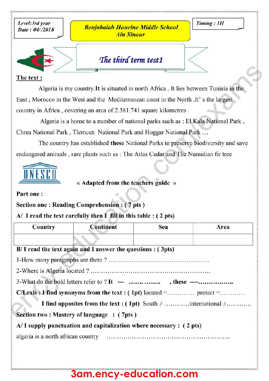 فرض في اللغة الإنجليزية الفصل الثالث السنة الثالثة متوسط رقم 11