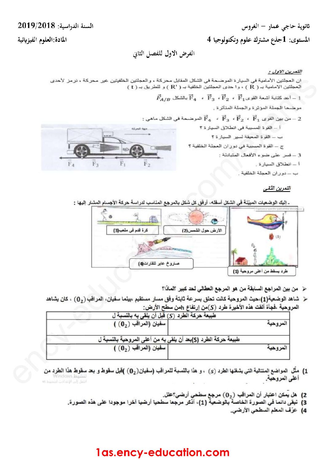 فرض في العلوم الفيزيائية الفصل الثاني السنة الأولى ثانوي رقم 11