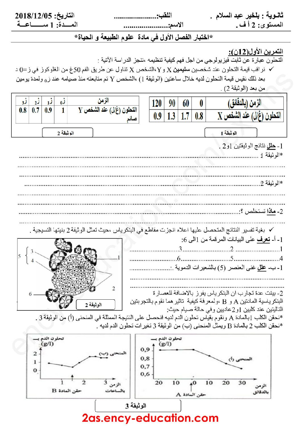 اختبار في العلوم الطبيعية الفصل الأول السنة الثانية ثانوي آداب رقم 12