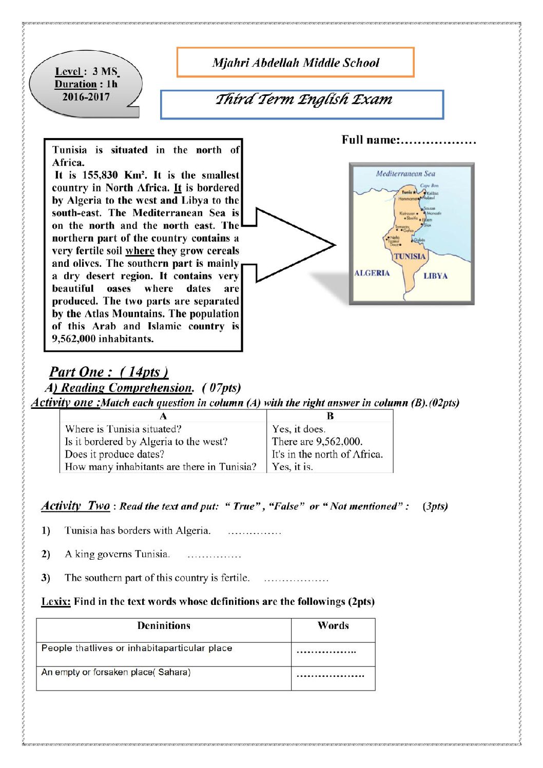 اختبار في اللغة الإنجليزية الفصل الثالث السنة الثالثة متوسط رقم 12