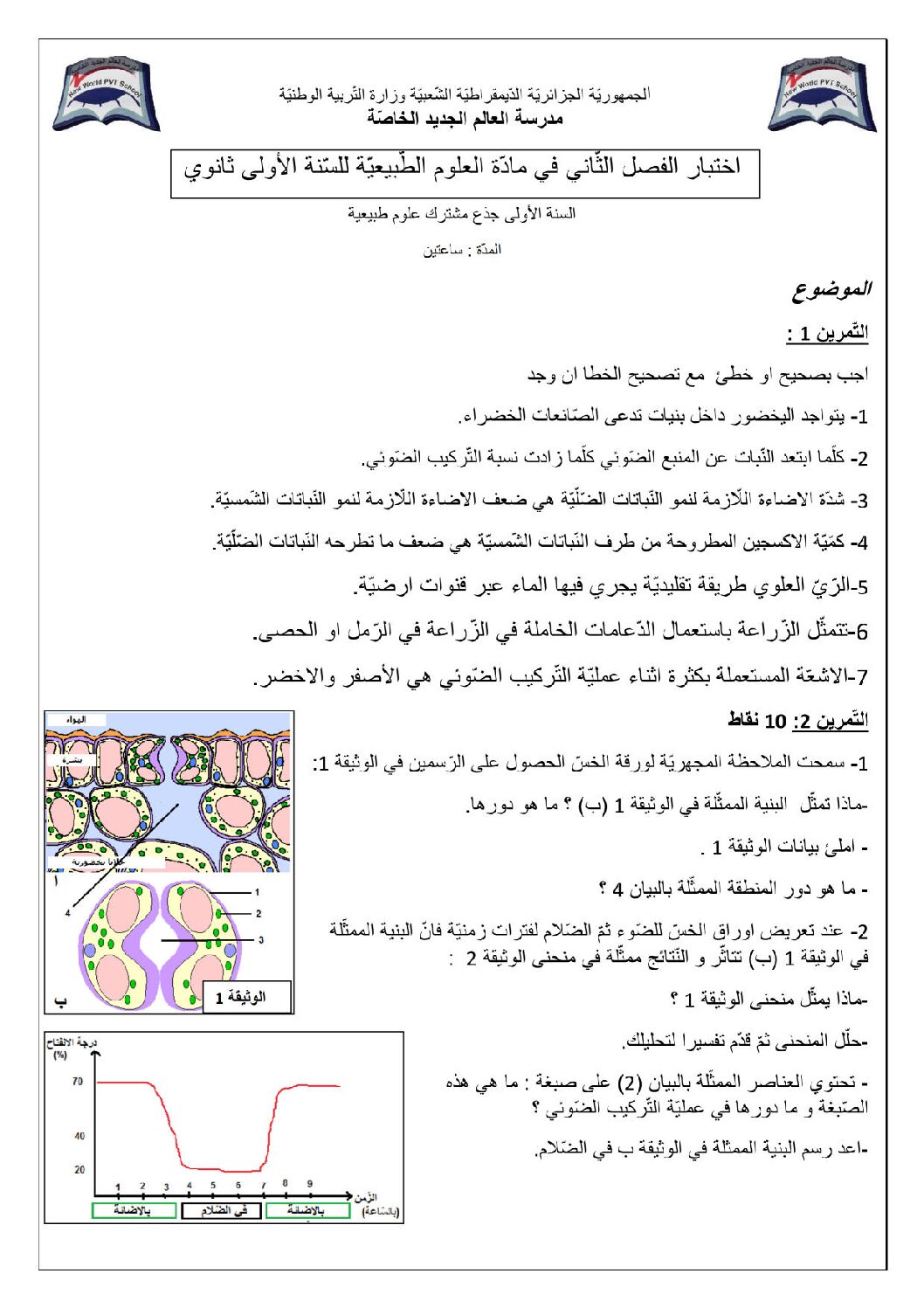 اختبار في العلوم الطبيعية الفصل الثاني السنة الأولى ثانوي رقم 12