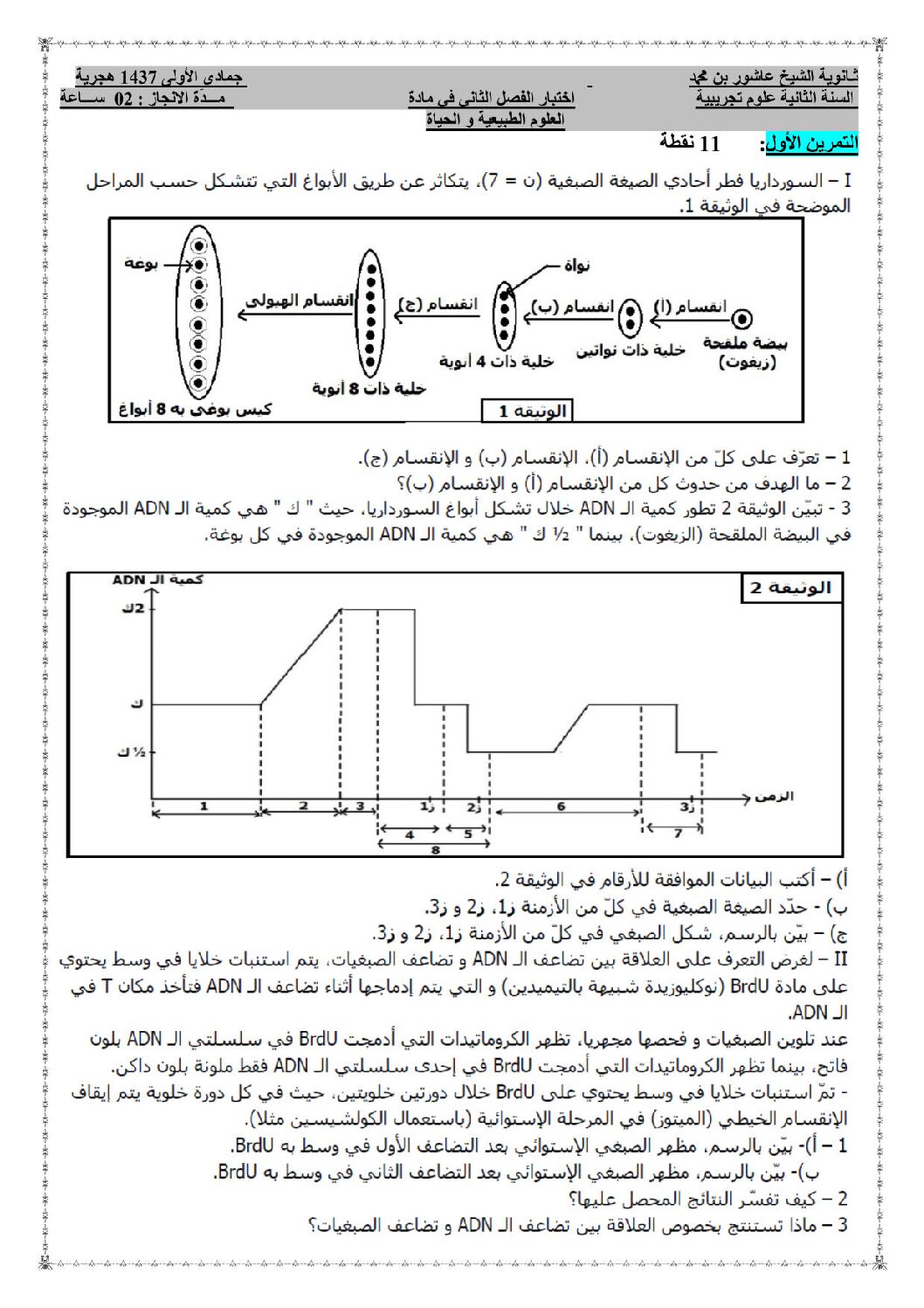 اختبار في العلوم الطبيعية الفصل الثاني السنة الثانية ثانوي علوم تجريبية رقم 12