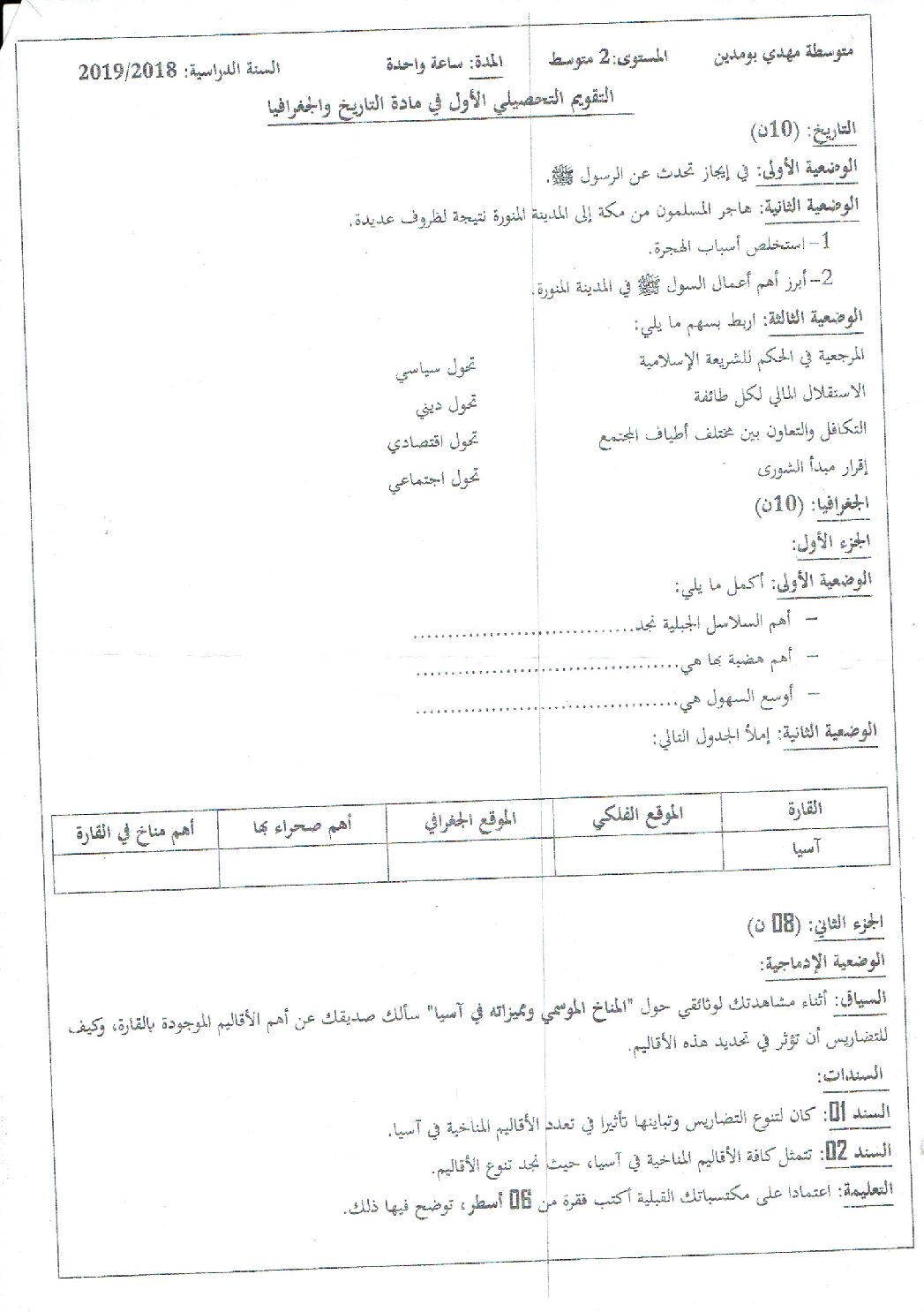 فرض في التاريخ والجغرافيا الفصل الأول السنة الثانية متوسط رقم 12