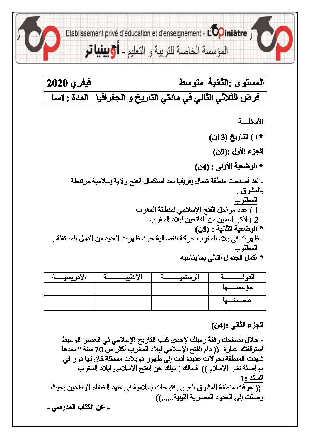 فرض في التاريخ والجغرافيا الفصل الثاني السنة الثانية متوسط رقم 12 مع التصحيح