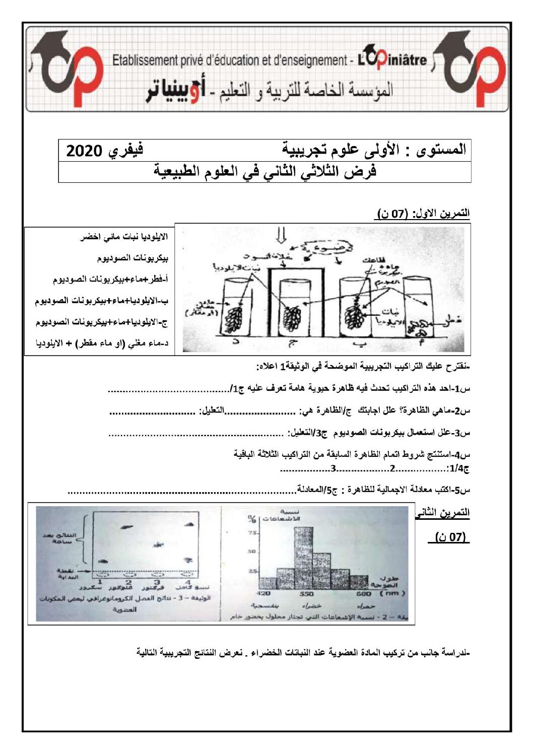 فرض في العلوم الطبيعية الفصل الثاني السنة الأولى ثانوي رقم 12 مع التصحيح