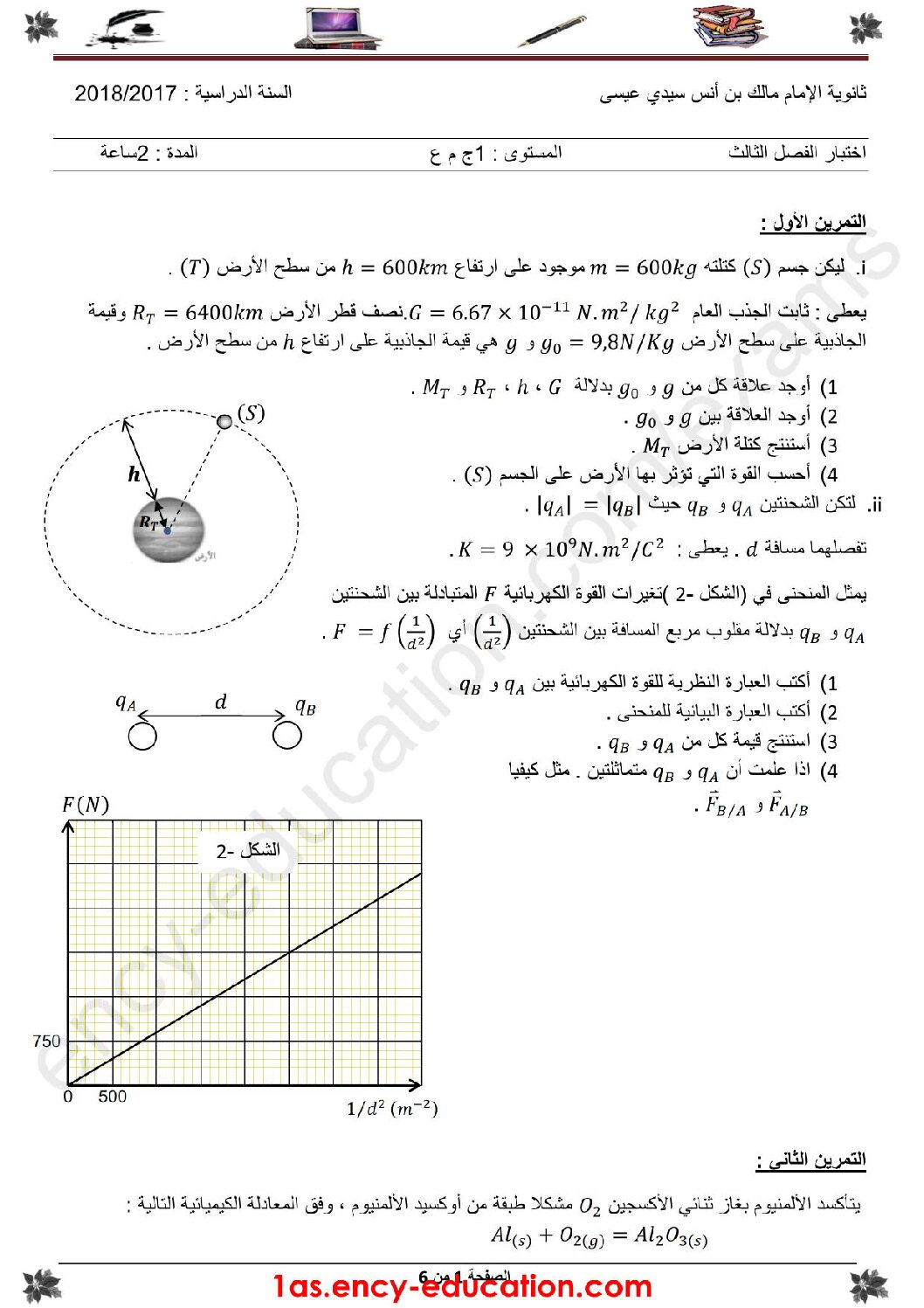 اختبار في العلوم الفيزيائية الفصل الثالث السنة الأولى ثانوي رقم 13 مع التصحيح