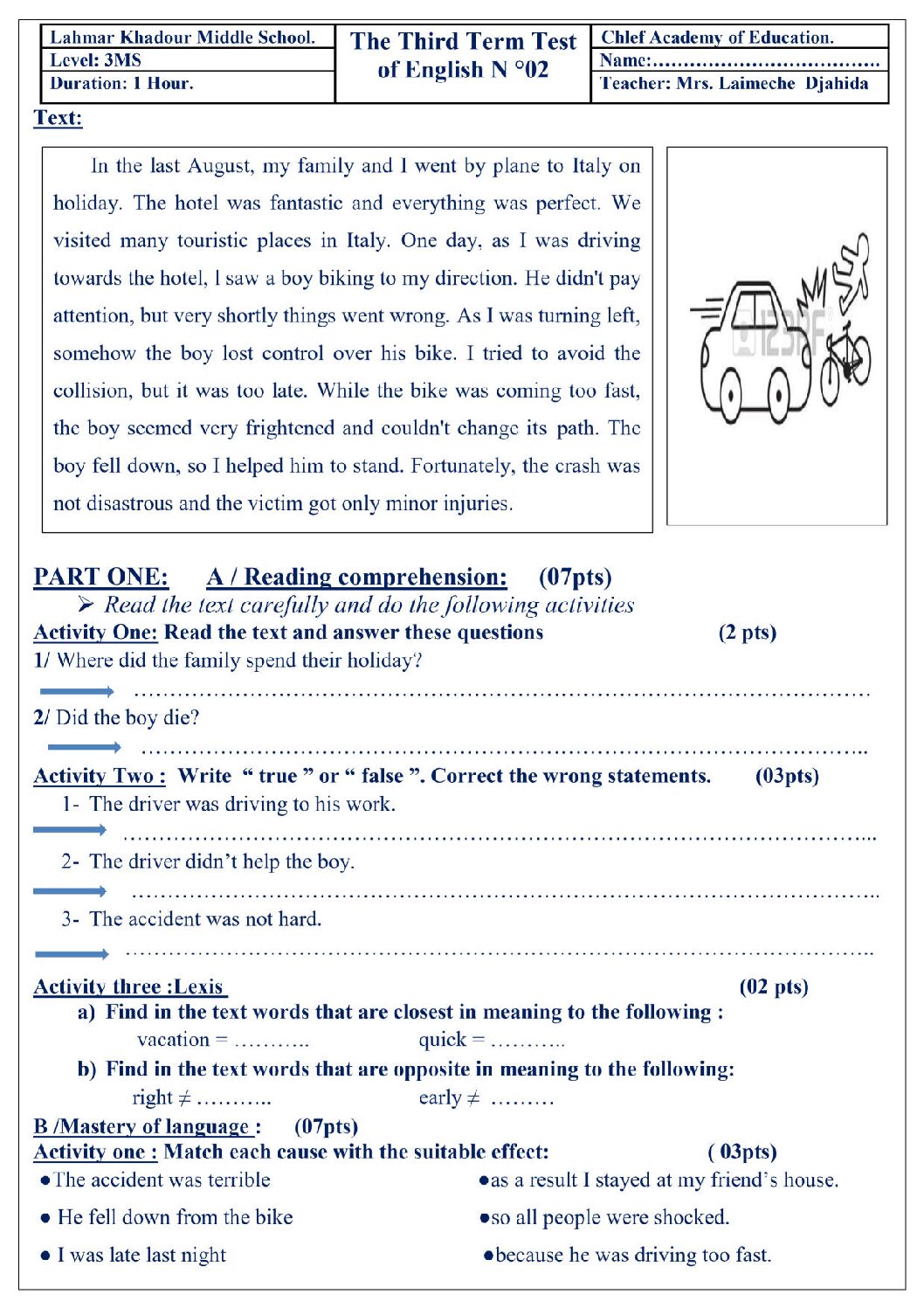 اختبار في اللغة الإنجليزية الفصل الثالث السنة الثالثة متوسط رقم 13