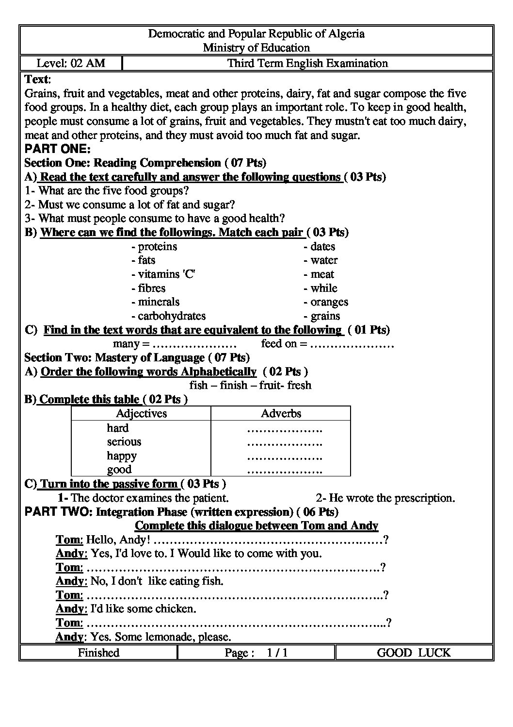 اختبار في اللغة الإنجليزية الفصل الثالث السنة الثانية متوسط رقم 13