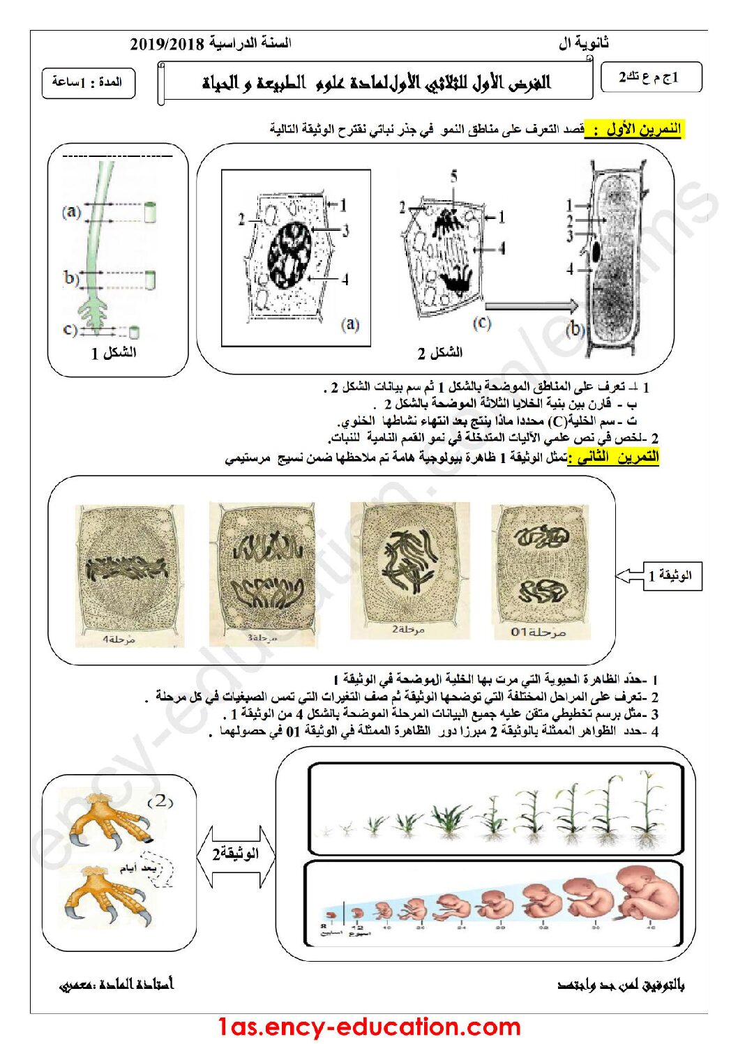 فرض في العلوم الطبيعية الفصل الأول السنة الأولى ثانوي رقم 13