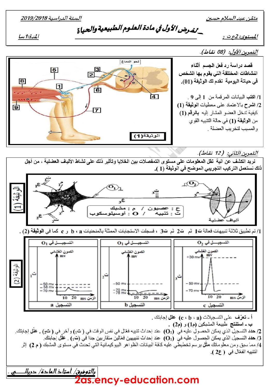 فرض في العلوم الطبيعية الفصل الأول السنة الثانية ثانوي علوم تجريبية رقم 13