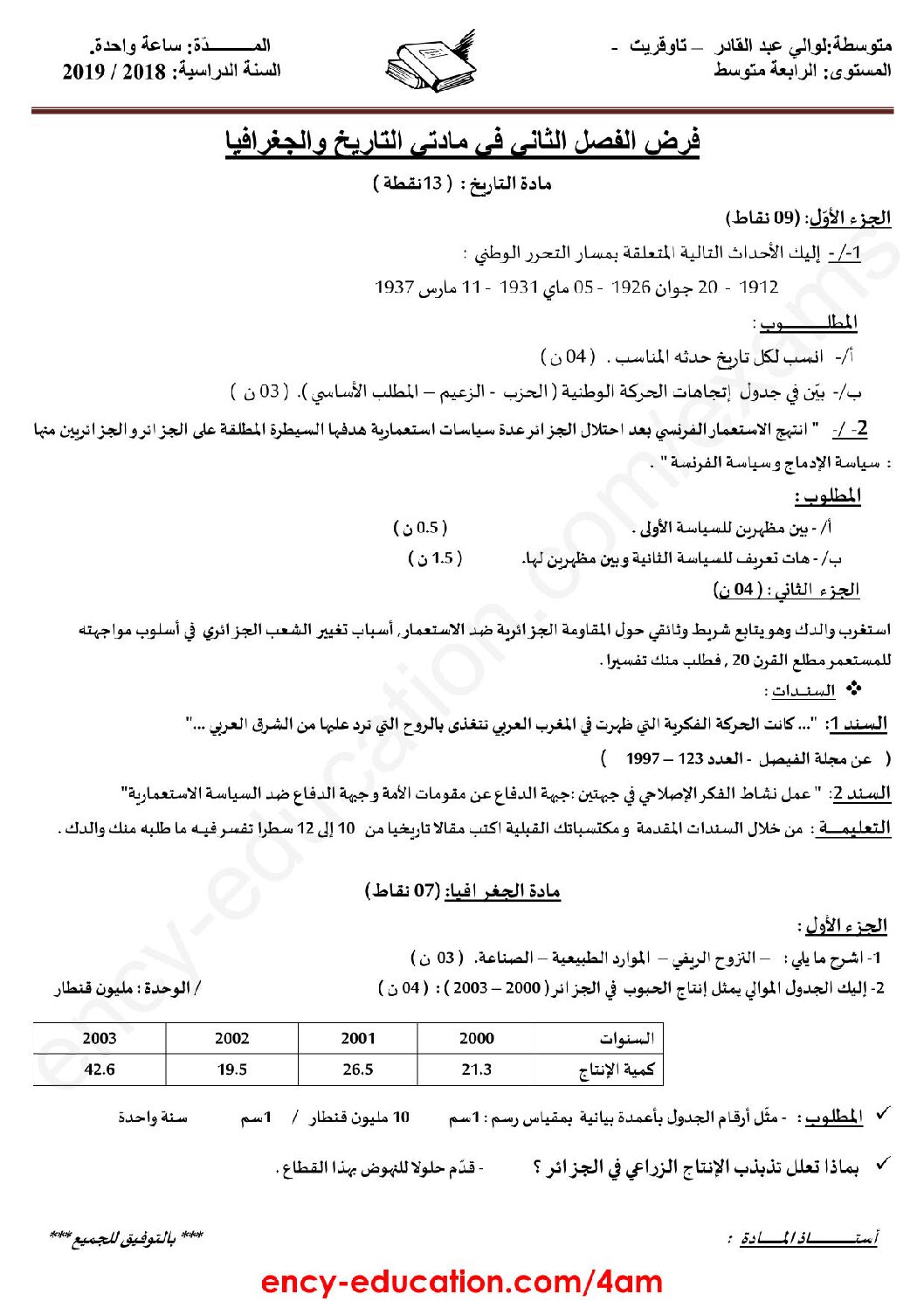 فرض في التاريخ والجغرافيا الفصل الثاني السنة الرابعة متوسط رقم 13
