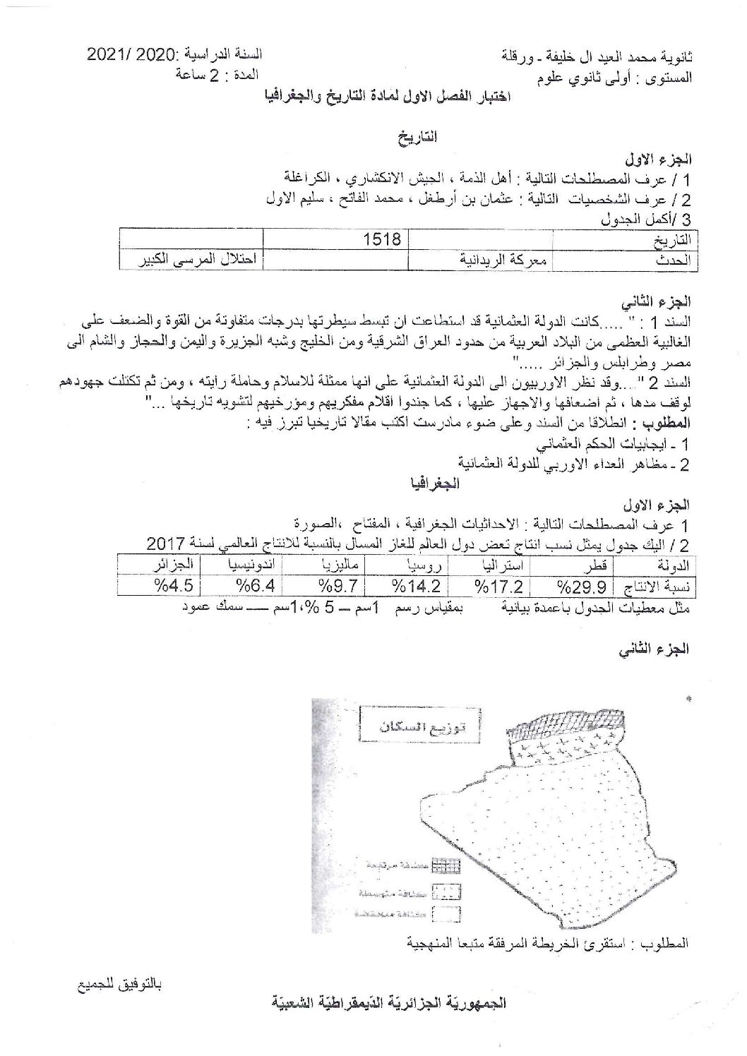 اختبار في التاريخ والجغرافيا الفصل الأول السنة الأولى ثانوي ج م ع رقم 14