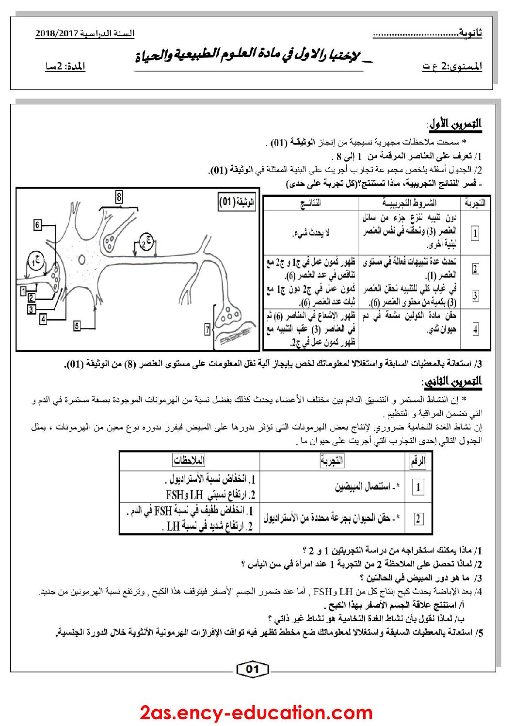 اختبار في العلوم الطبيعية الفصل الأول السنة الثانية ثانوي علوم تجريبية رقم 14 مع التصحيح