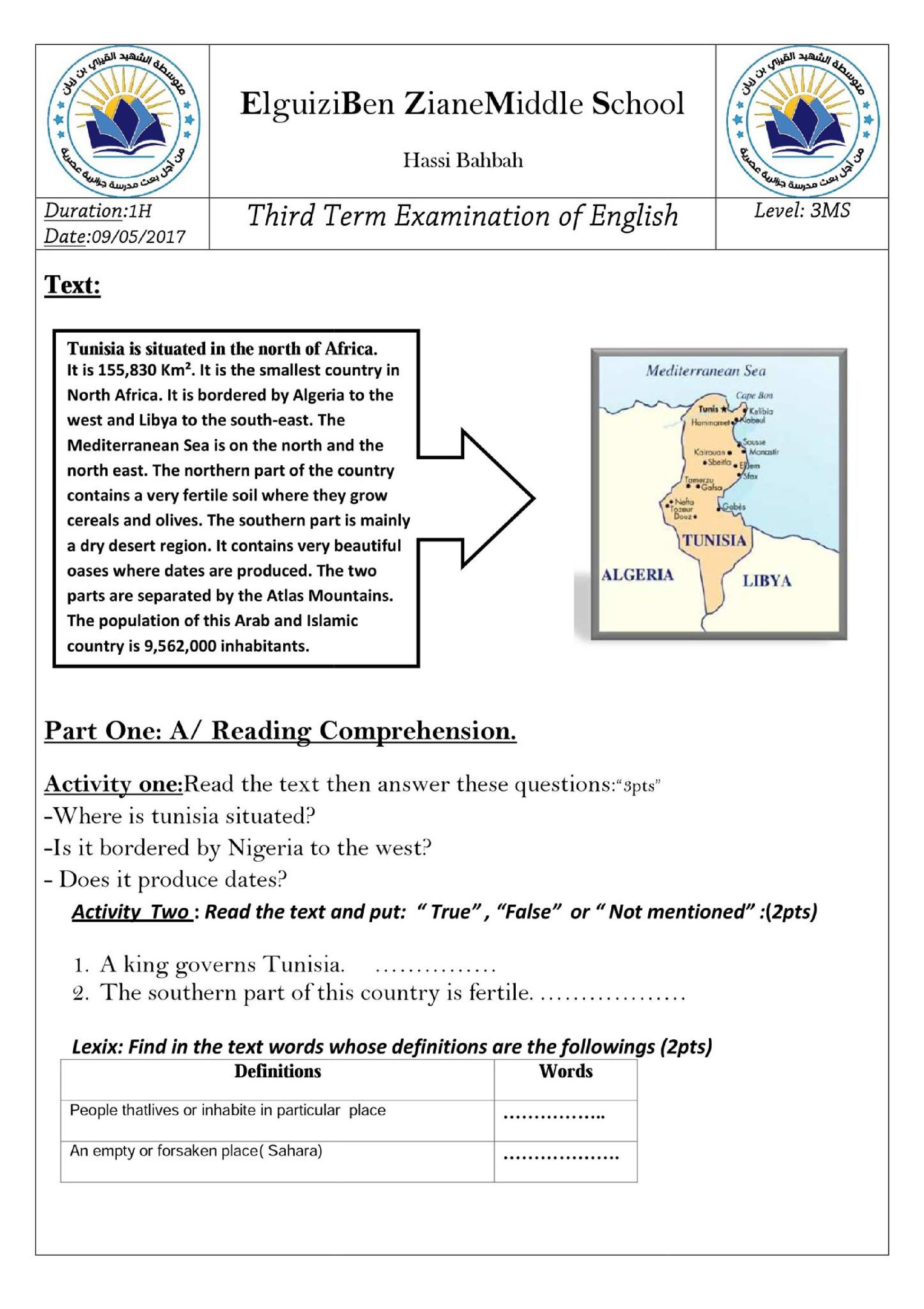 اختبار في اللغة الإنجليزية الفصل الثالث السنة الثالثة متوسط رقم 14