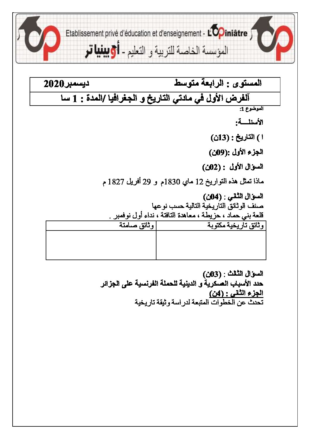 فرض في التاريخ والجغرافيا الفصل الأول السنة الرابعة متوسط رقم 14 مع التصحيح