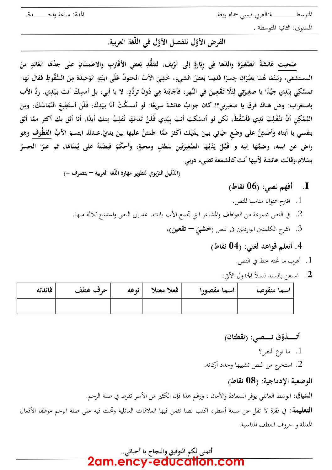 فرض في اللغة العربية الفصل الأول السنة الثانية متوسط رقم 14