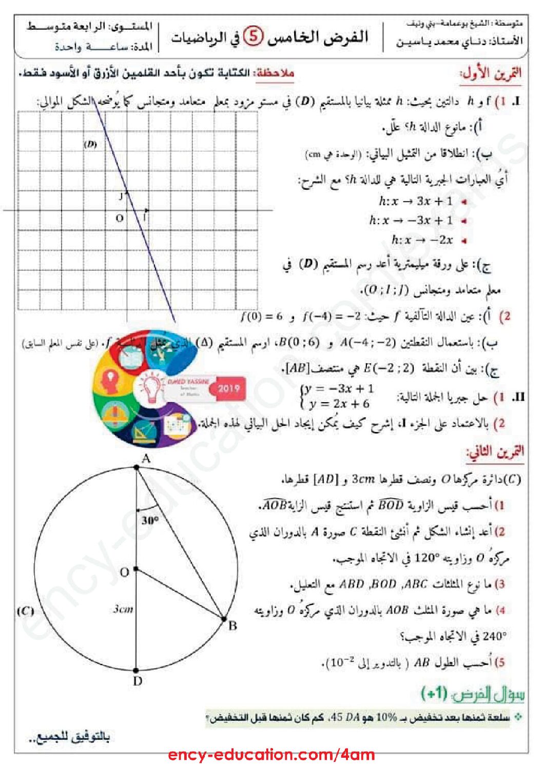فرض في الرياضيات الفصل الثالث السنة الرابعة متوسط رقم 14