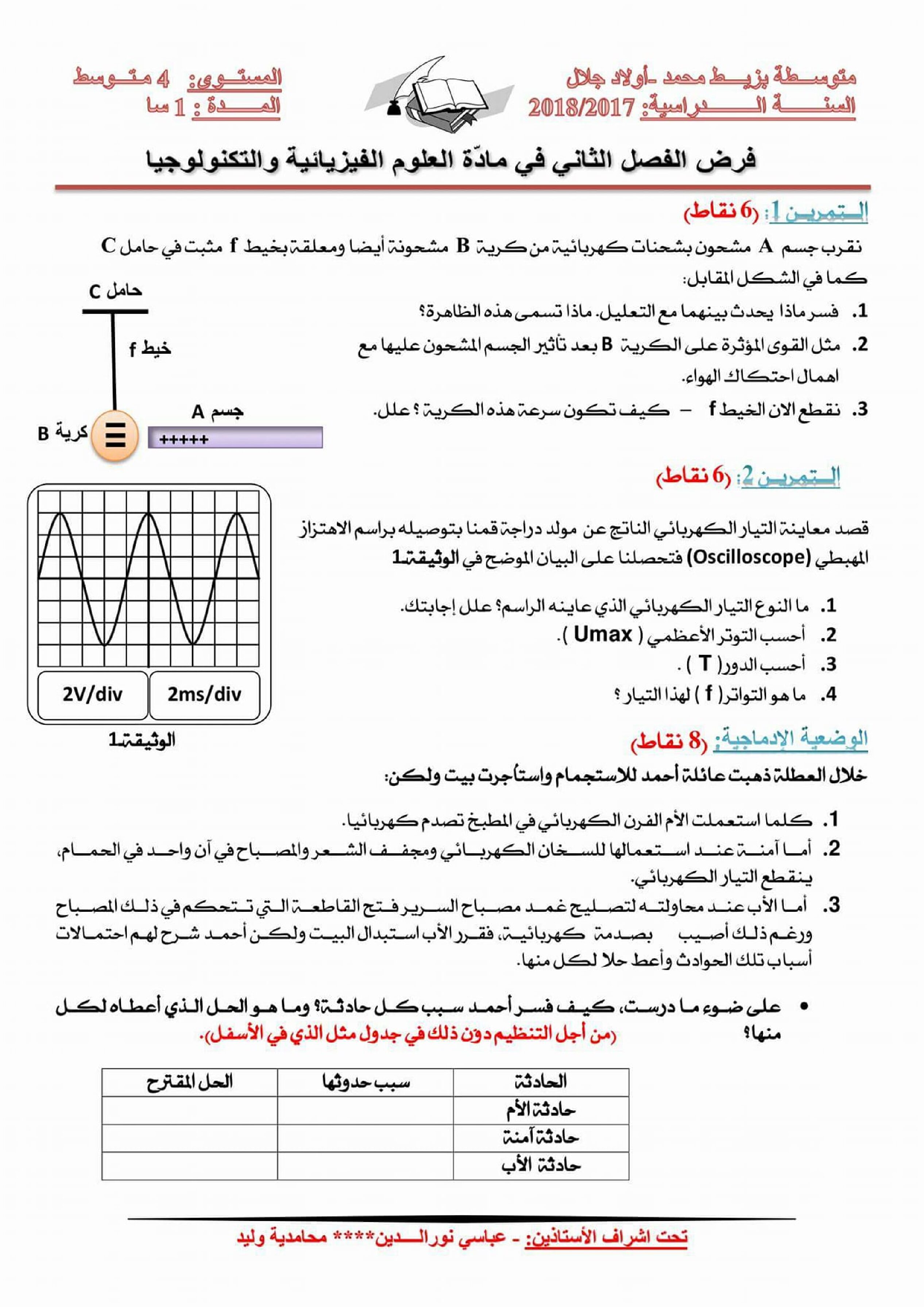 فرض في العلوم الفيزيائية الفصل الثاني السنة الرابعة متوسط رقم 14
