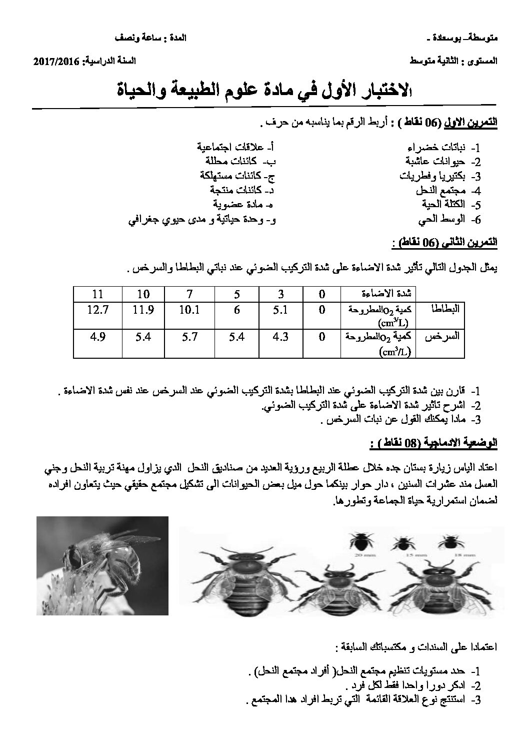 اختبار في العلوم الطبيعية الفصل الأول السنة الثانية متوسط رقم 15