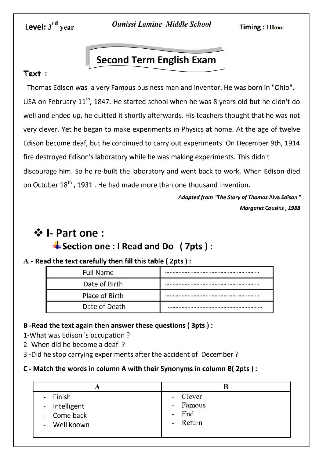 اختبار في اللغة الإنجليزية الفصل الثاني السنة الثالثة متوسط رقم 15