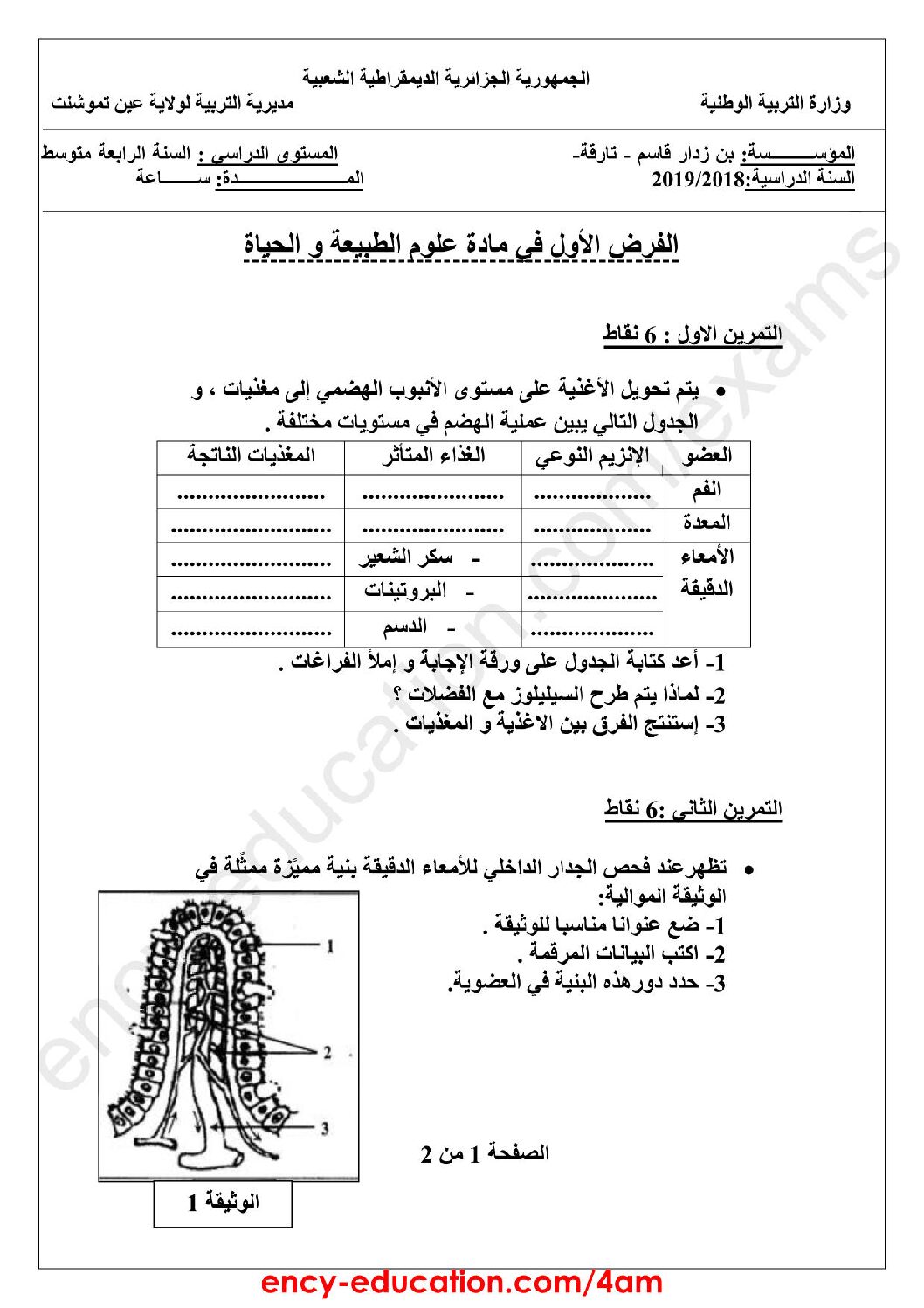 فرض في العلوم الطبيعية الفصل الأول السنة الرابعة متوسط رقم 15 مع التصحيح