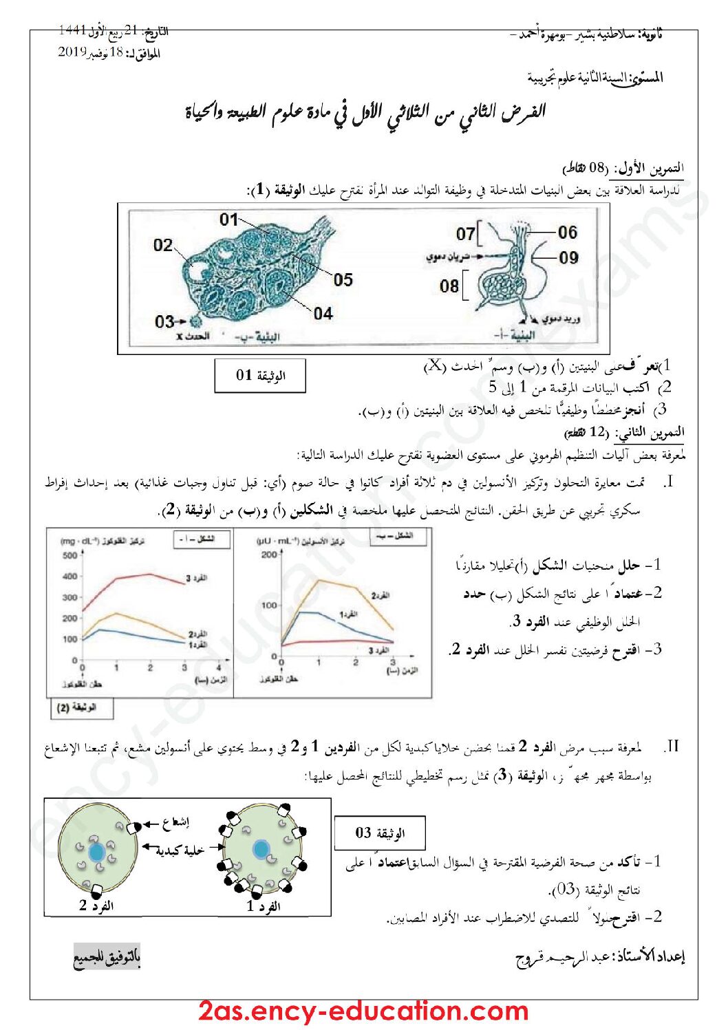 فرض في العلوم الطبيعية الفصل الأول السنة الثانية ثانوي علوم تجريبية رقم 15 مع التصحيح