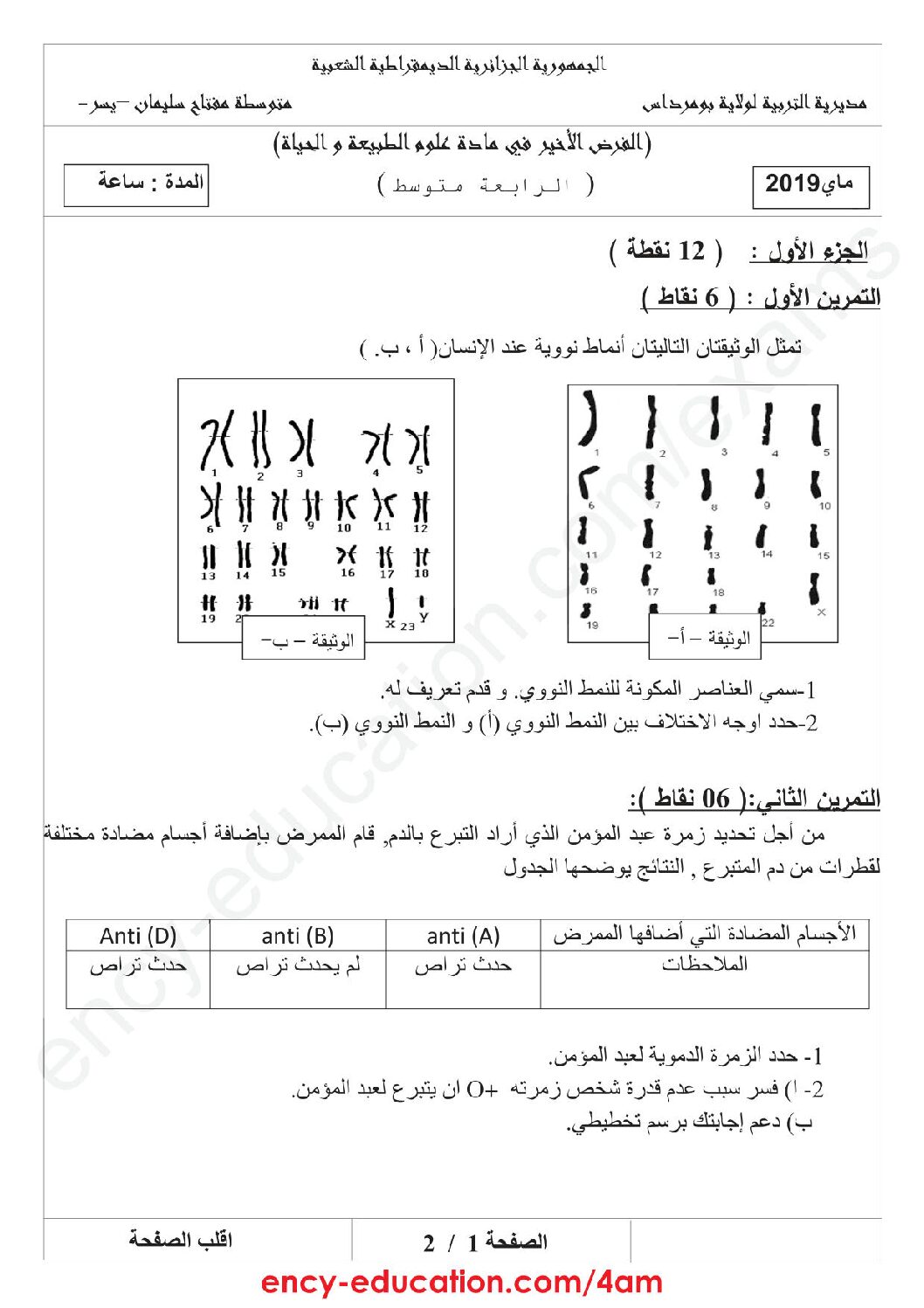 فرض في العلوم الطبيعية الفصل الثالث السنة الرابعة متوسط رقم 15