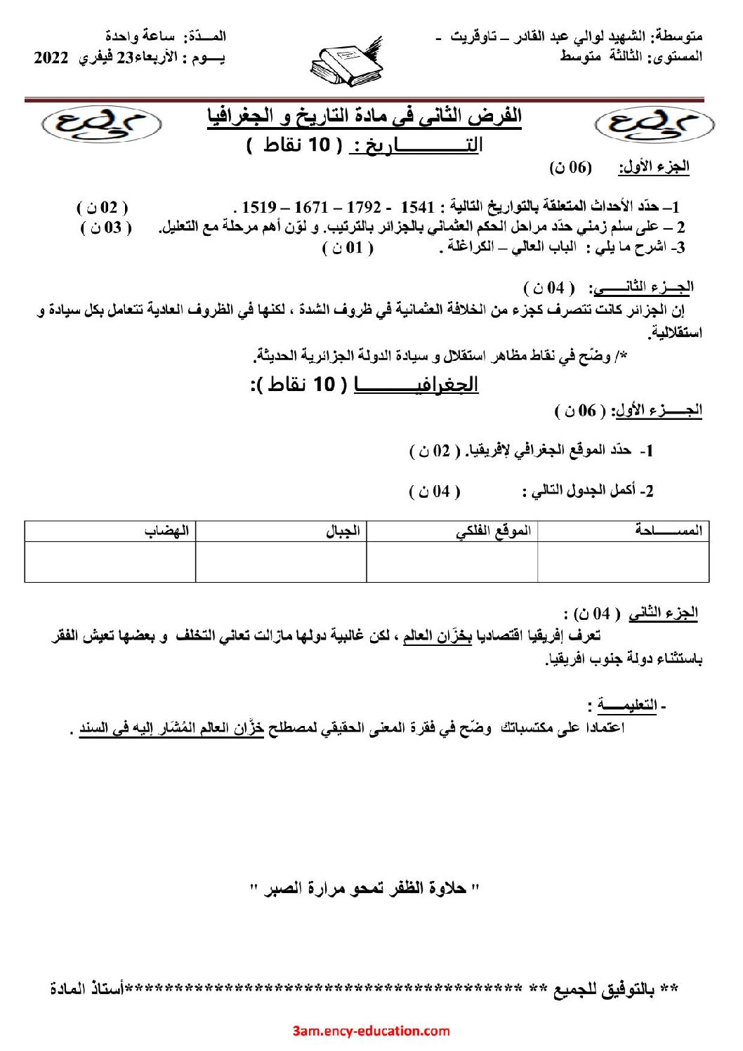 فرض في التاريخ والجغرافيا الفصل الثاني السنة الثالثة متوسط رقم 15