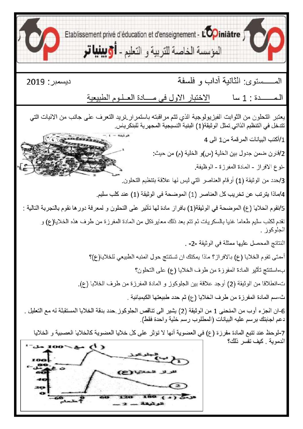 اختبار في العلوم الطبيعية الفصل الأول السنة الثانية ثانوي آداب رقم 16 مع التصحيح