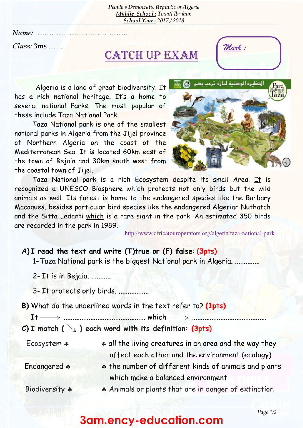 اختبار في اللغة الإنجليزية الفصل الثالث السنة الثالثة متوسط رقم 16