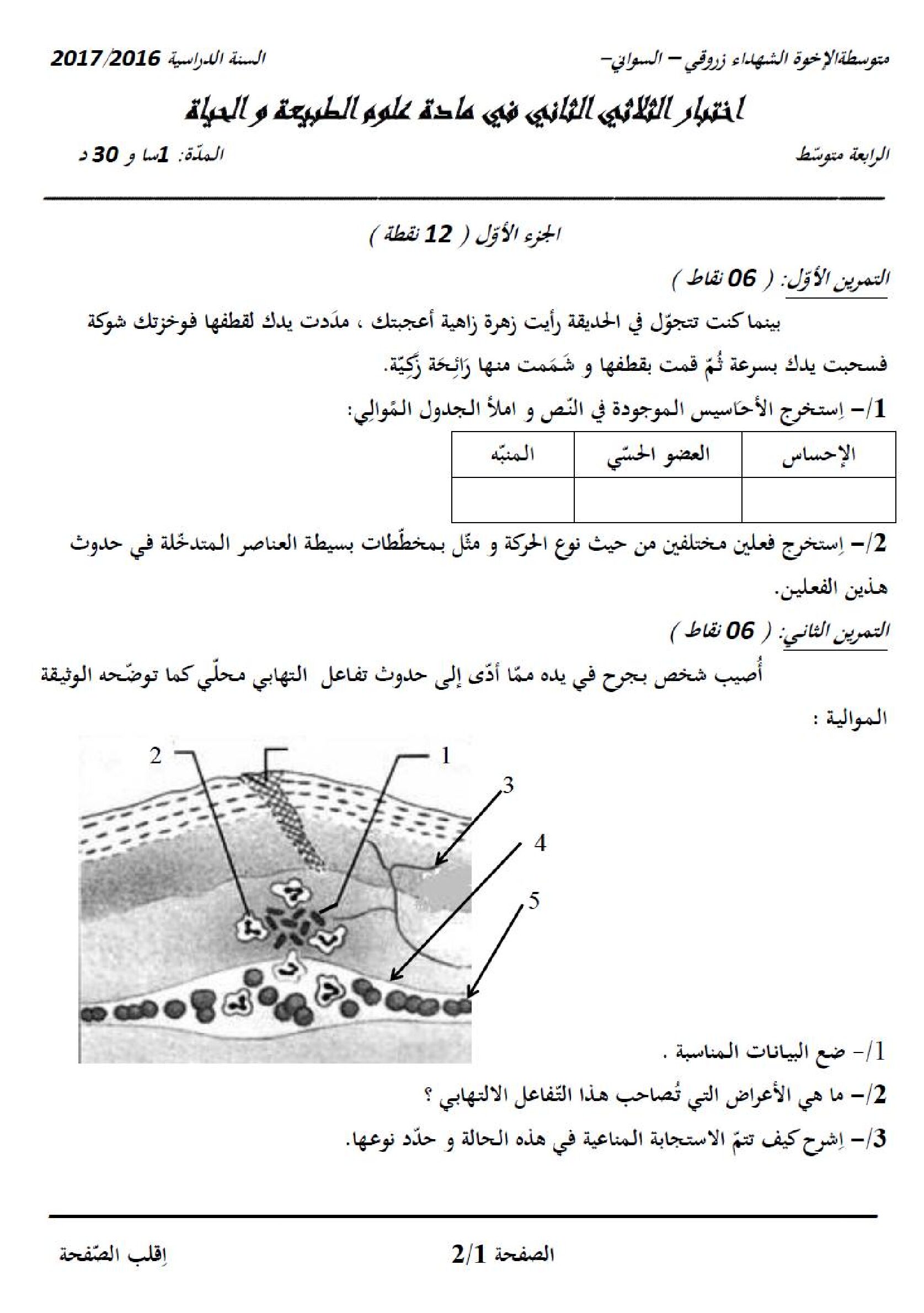 اختبار في العلوم الطبيعية الفصل الثاني السنة الرابعة متوسط رقم 16 مع التصحيح