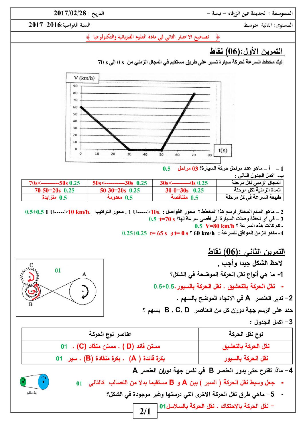 اختبار في العلوم الفيزيائية الفصل الثاني السنة الثانية متوسط رقم 16 مع التصحيح