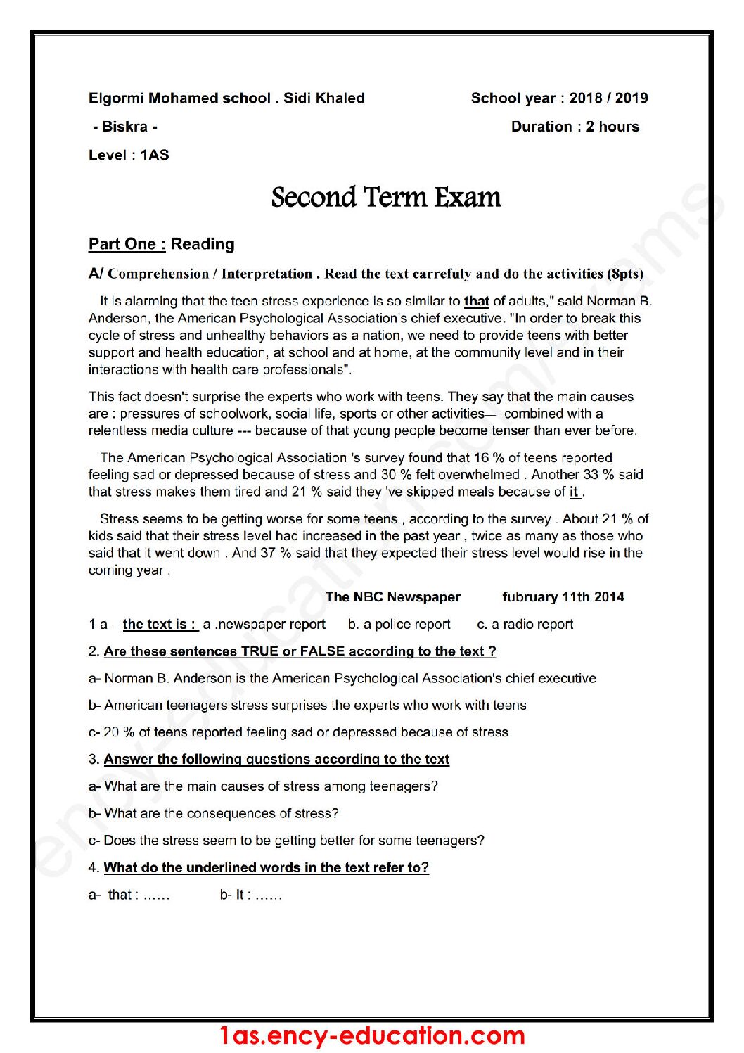 اختبار في اللغة الإنجليزية الفصل الثاني السنة الأولى ثانوي ج م ع رقم 16