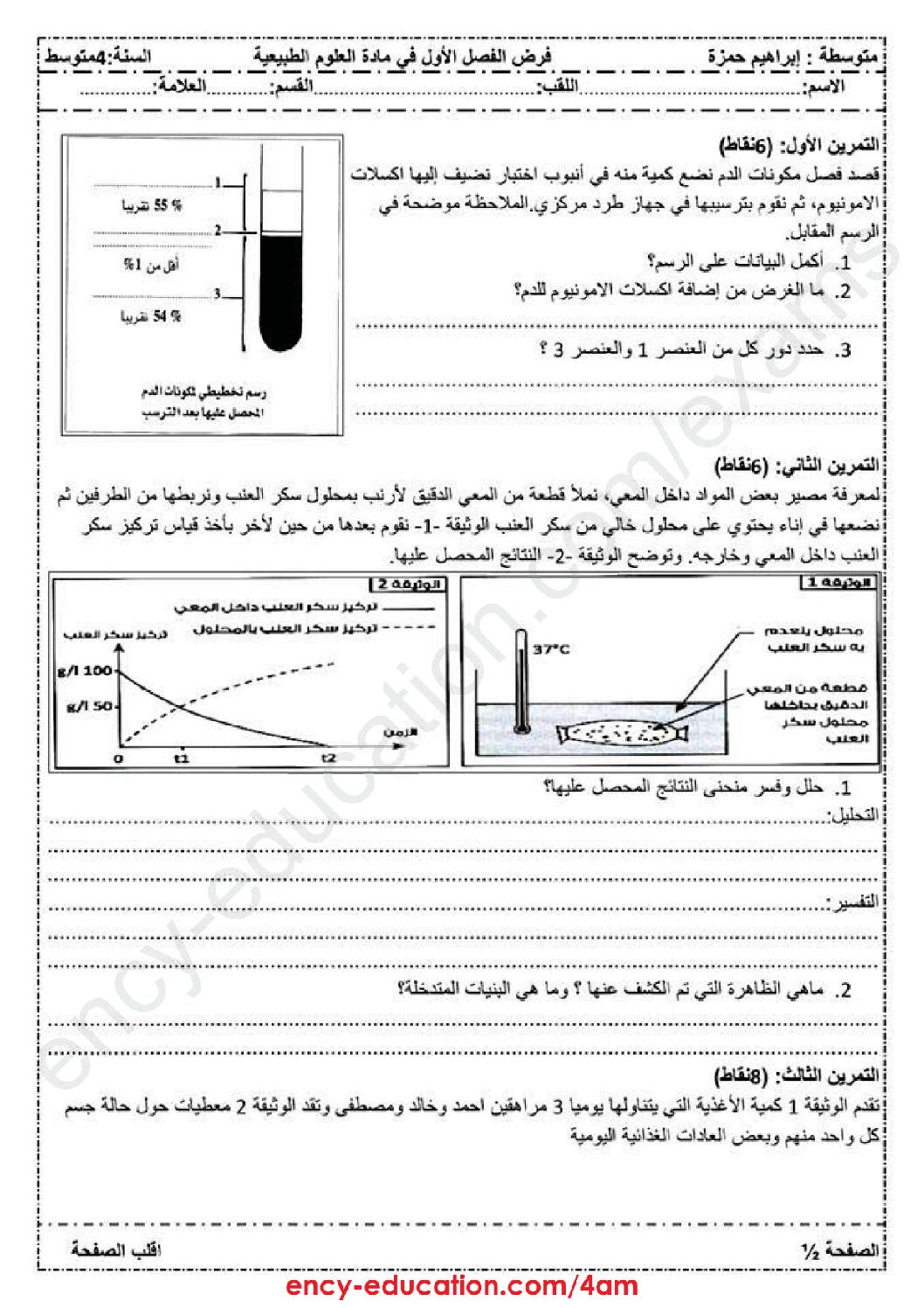 فرض في العلوم الطبيعية الفصل الأول السنة الرابعة متوسط رقم 16 مع التصحيح
