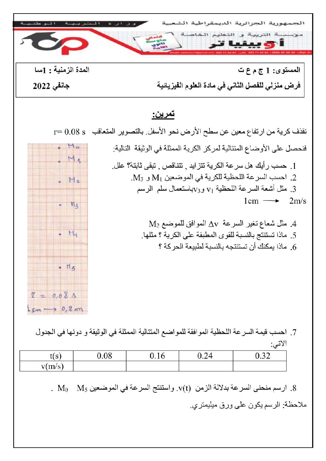 فرض في العلوم الفيزيائية الفصل الثاني السنة الأولى ثانوي رقم 16