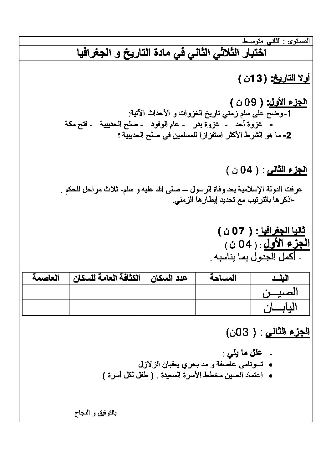 اختبار في التاريخ والجغرافيا الفصل الثاني السنة الثانية متوسط رقم 17
