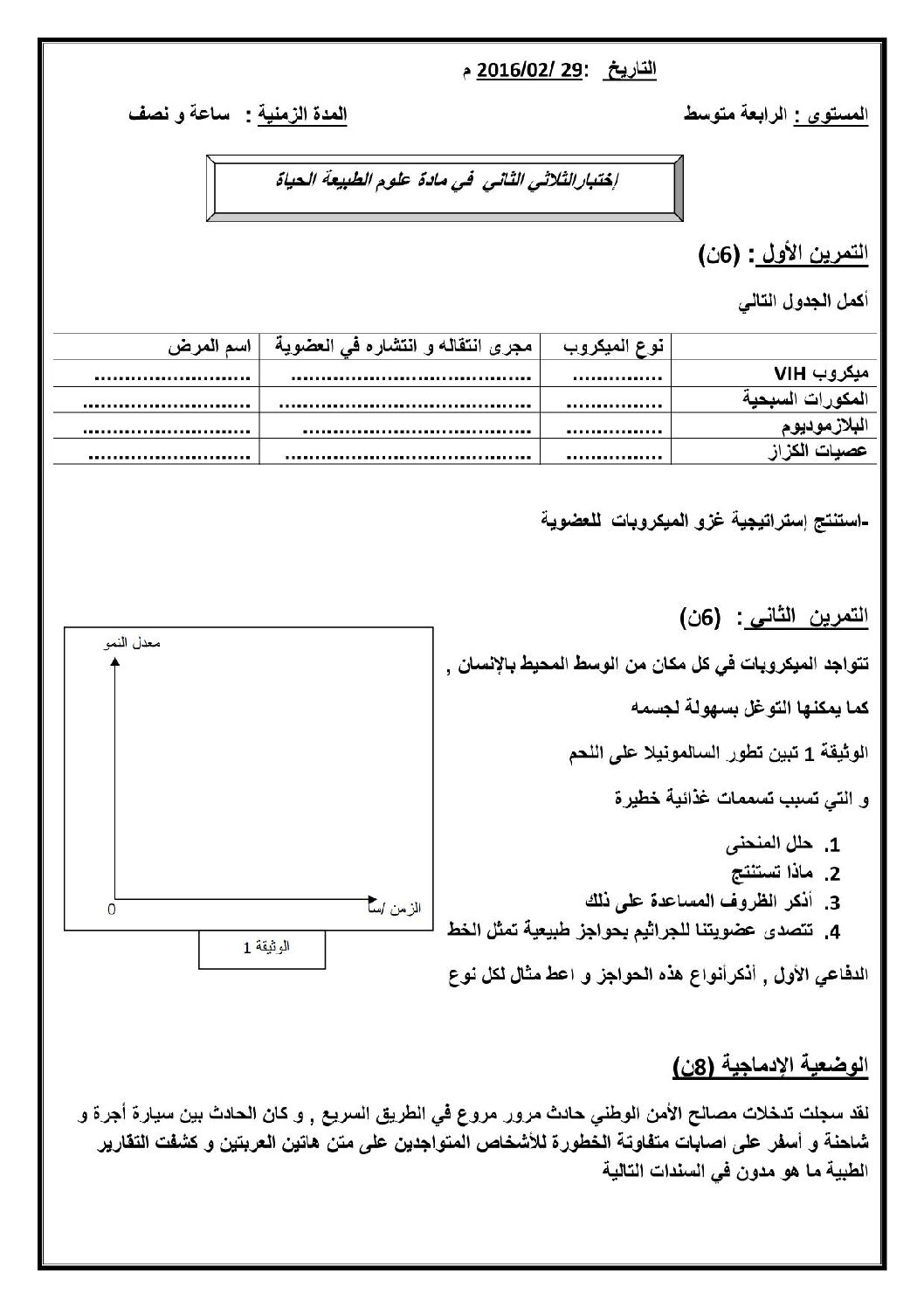 اختبار في العلوم الطبيعية الفصل الثاني السنة الرابعة متوسط رقم 17 مع التصحيح