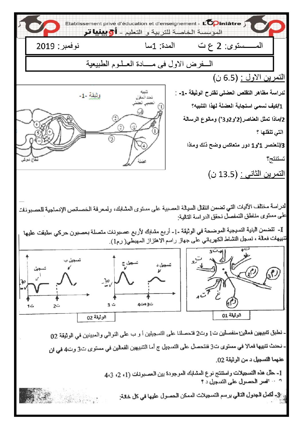 فرض في العلوم الطبيعية الفصل الأول السنة الثانية ثانوي علوم تجريبية رقم 17 مع التصحيح