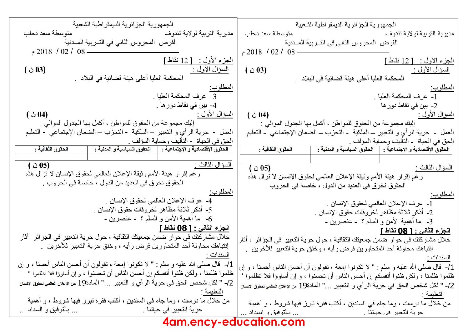 فرض في التربية المدنية الفصل الثاني السنة الرابعة متوسط رقم 17
