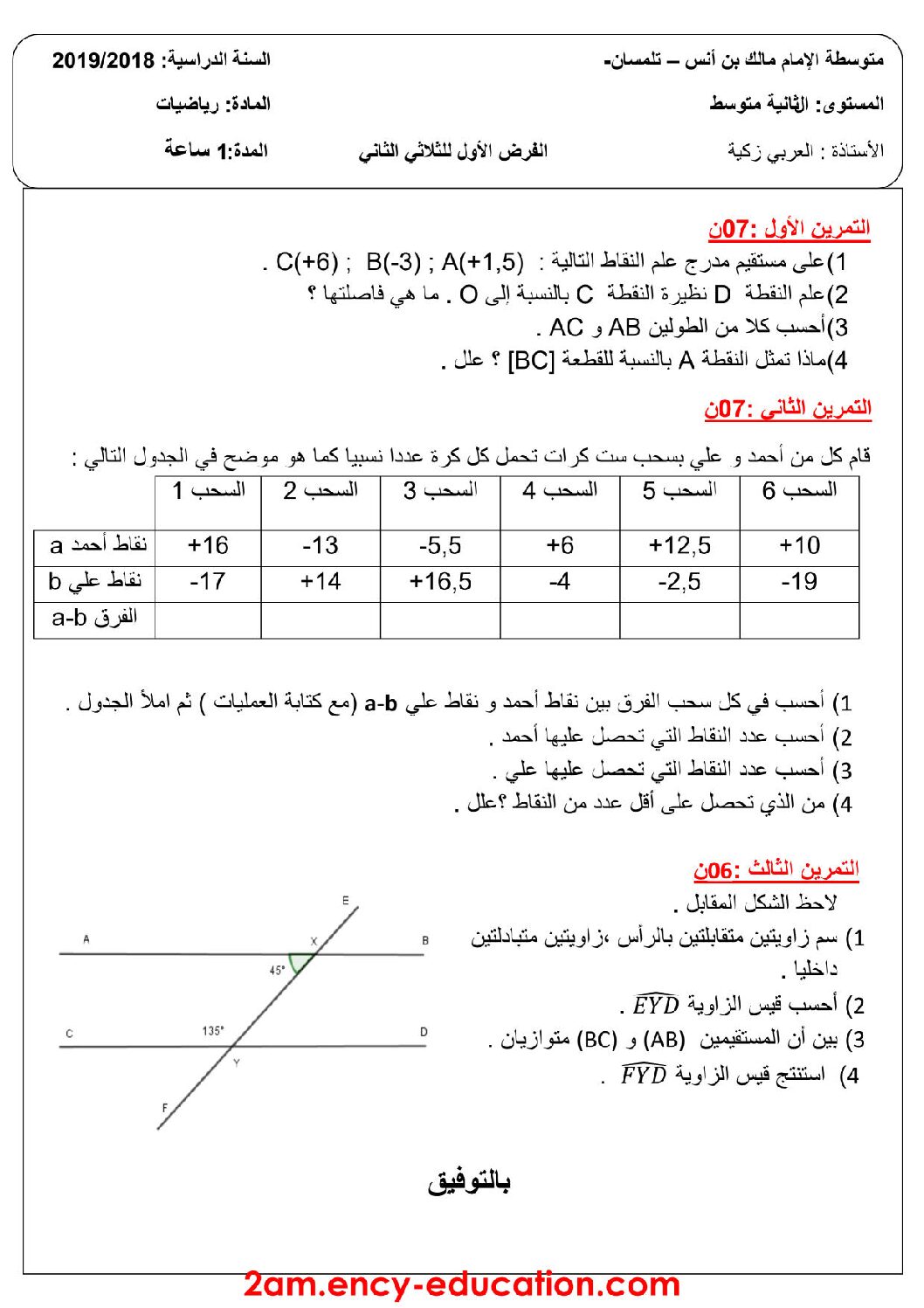 فرض في الرياضيات الفصل الثاني السنة الثانية متوسط رقم 17