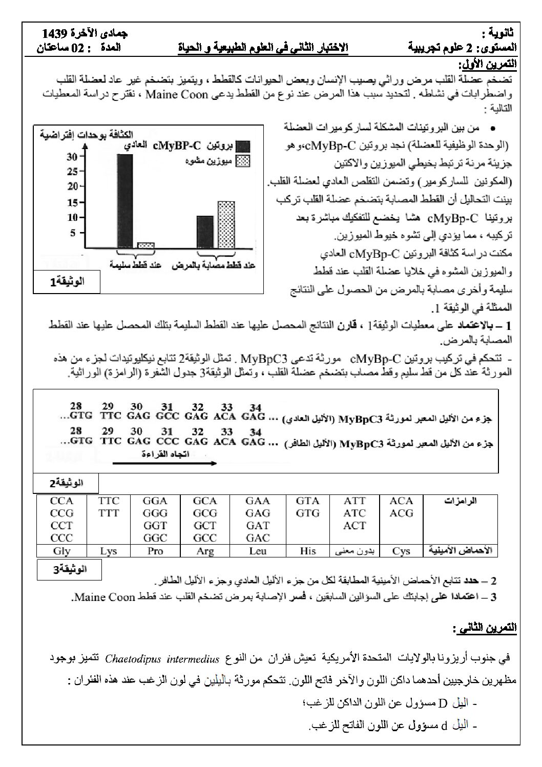 اختبار في العلوم الطبيعية الفصل الثاني السنة الثانية ثانوي علوم تجريبية رقم 18 مع التصحيح