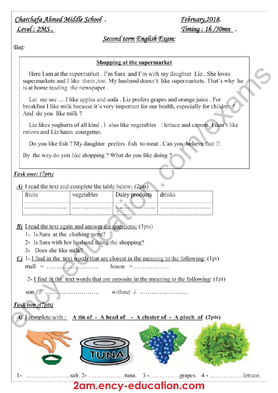 اختبار في اللغة الإنجليزية الفصل الثاني السنة الثانية متوسط رقم 18