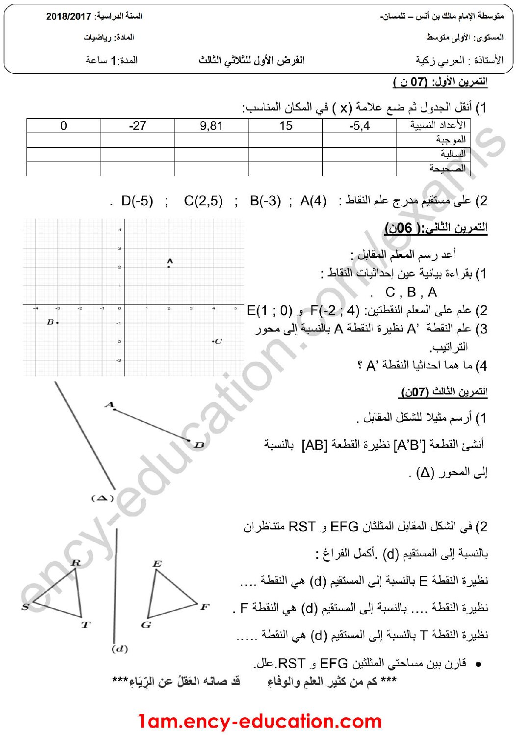 فرض في الرياضيات الفصل الثالث السنة الأولى متوسط رقم 18
