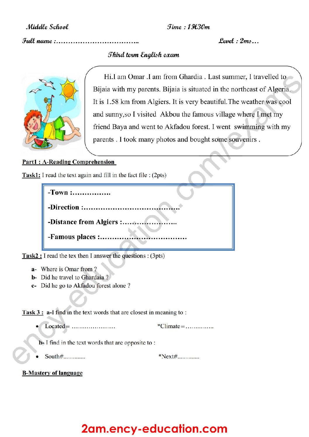 اختبار في اللغة الإنجليزية الفصل الثالث السنة الثانية متوسط رقم 19