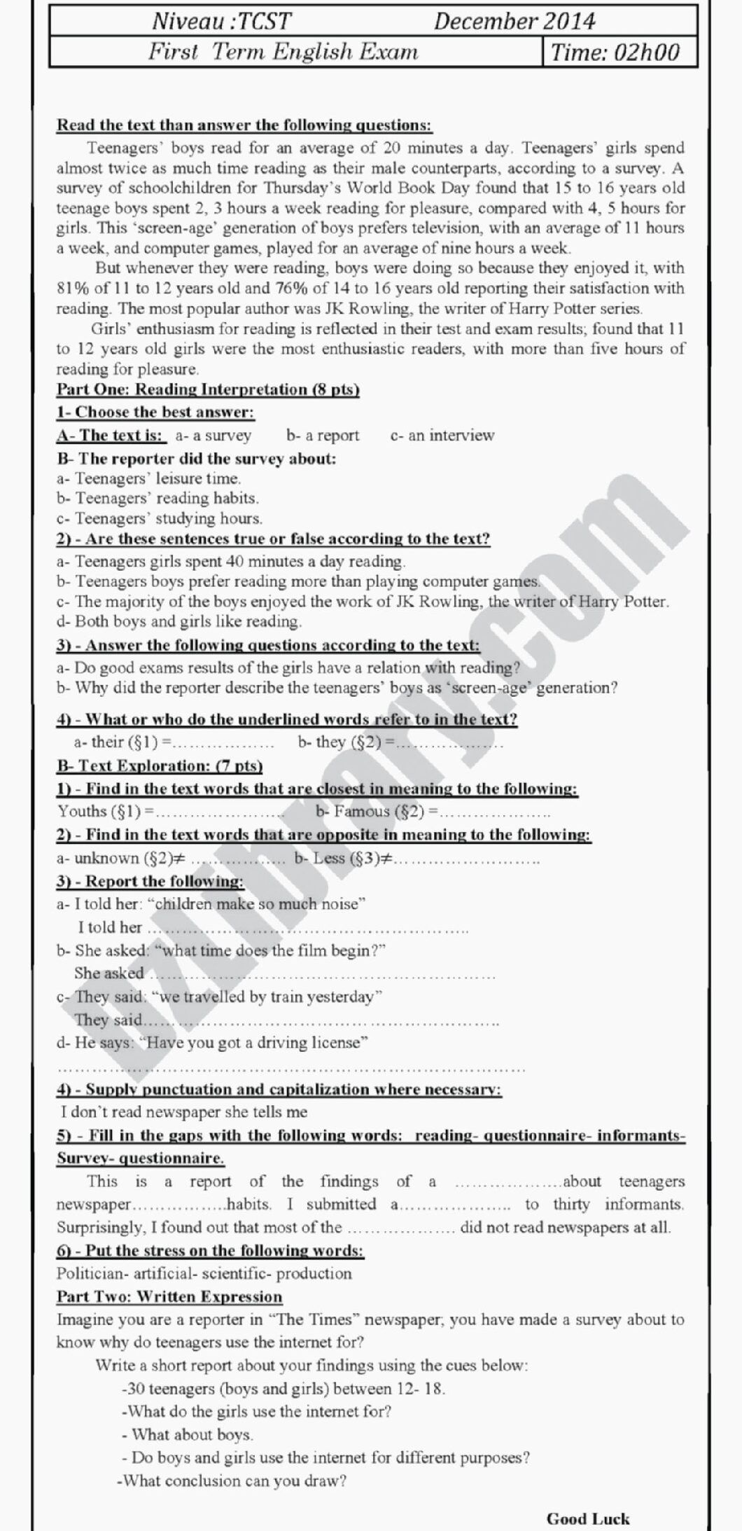 اختبار في اللغة الإنجليزية الفصل الأول السنة الأولى ثانوي ج م ع رقم 2 مع التصحيح